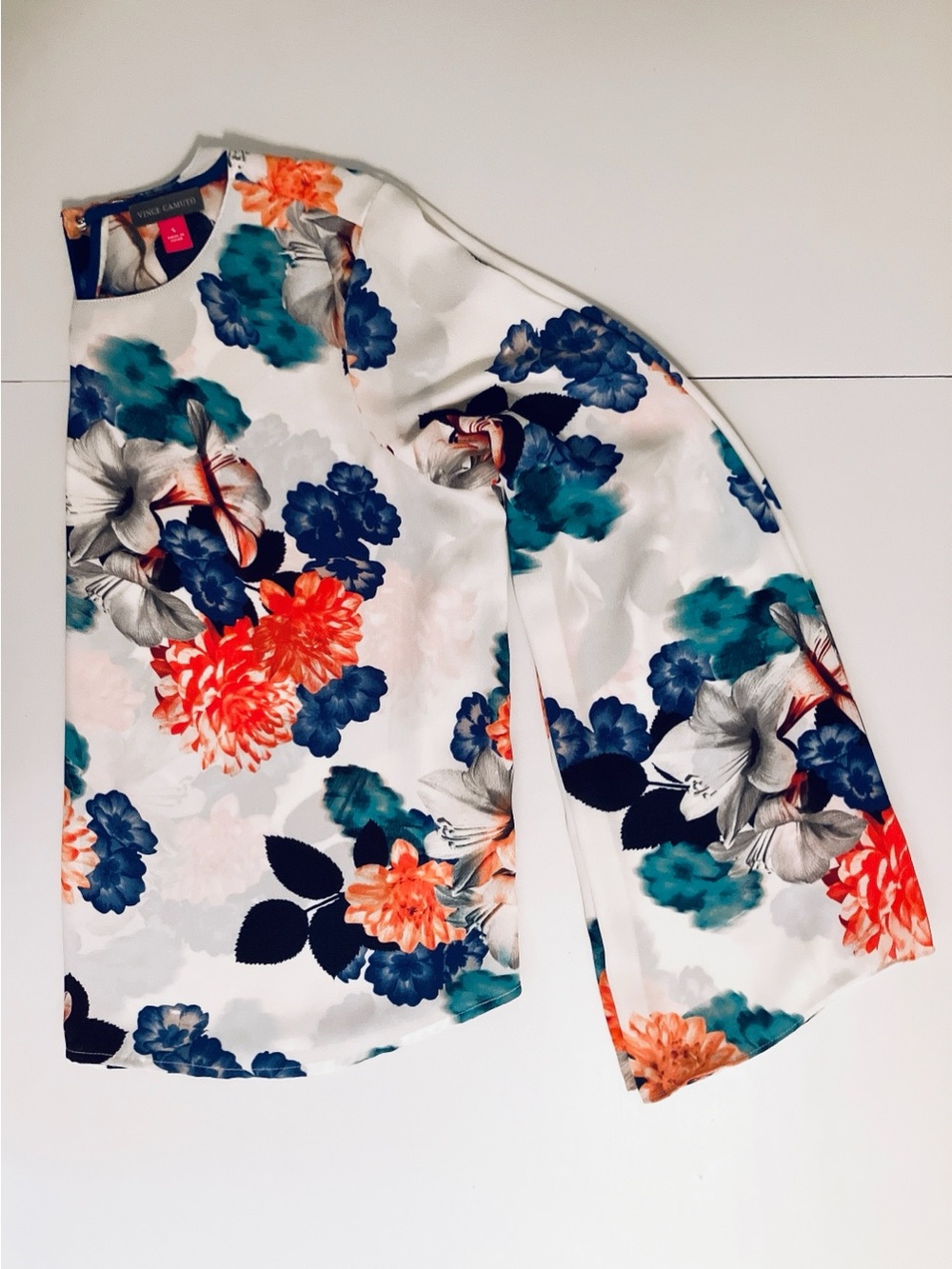 Vince Camuto Floral Chiffon Bell Long-Sleeve Pullover Blouse Top Small White - Picture 11 of 12